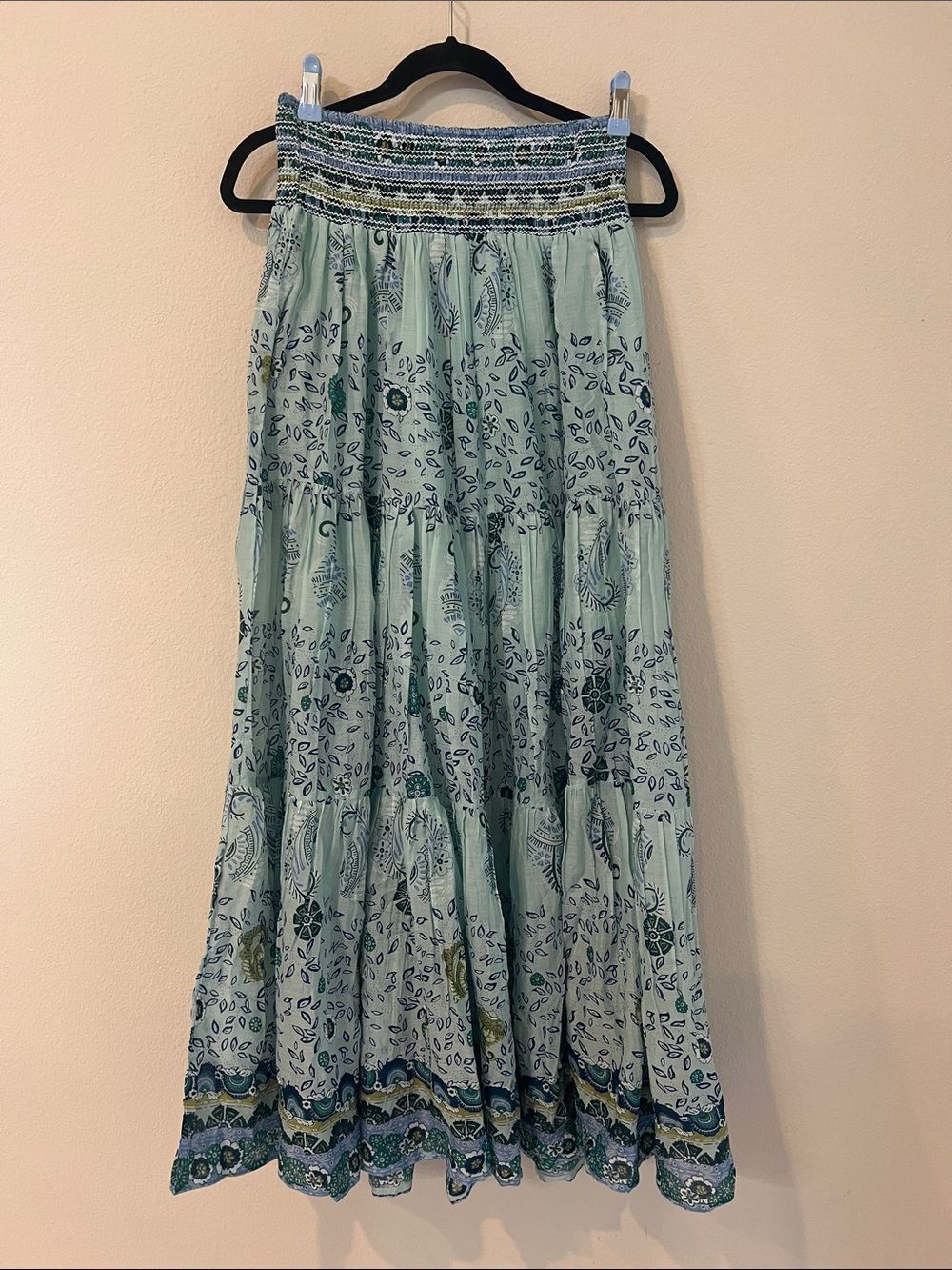 RAGA NWT Boho Tiered Maxi Skirt Blue Green Paisley Smocked Waist Medium M